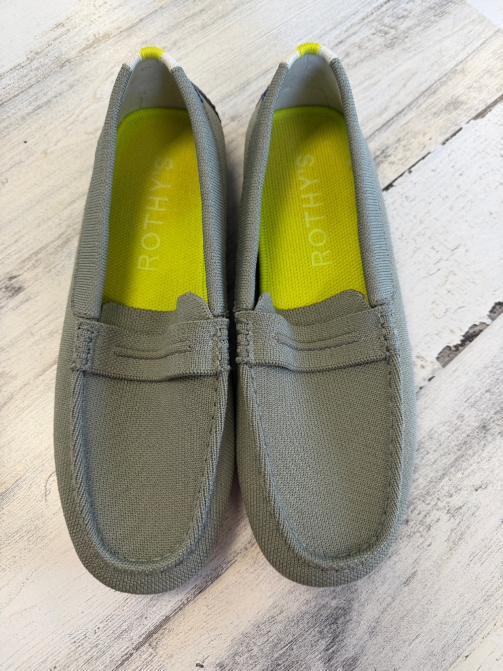 Rothy's Gray Green Canvas Penny Loafers with Neon Yellow Insole - Picture 2 of 3